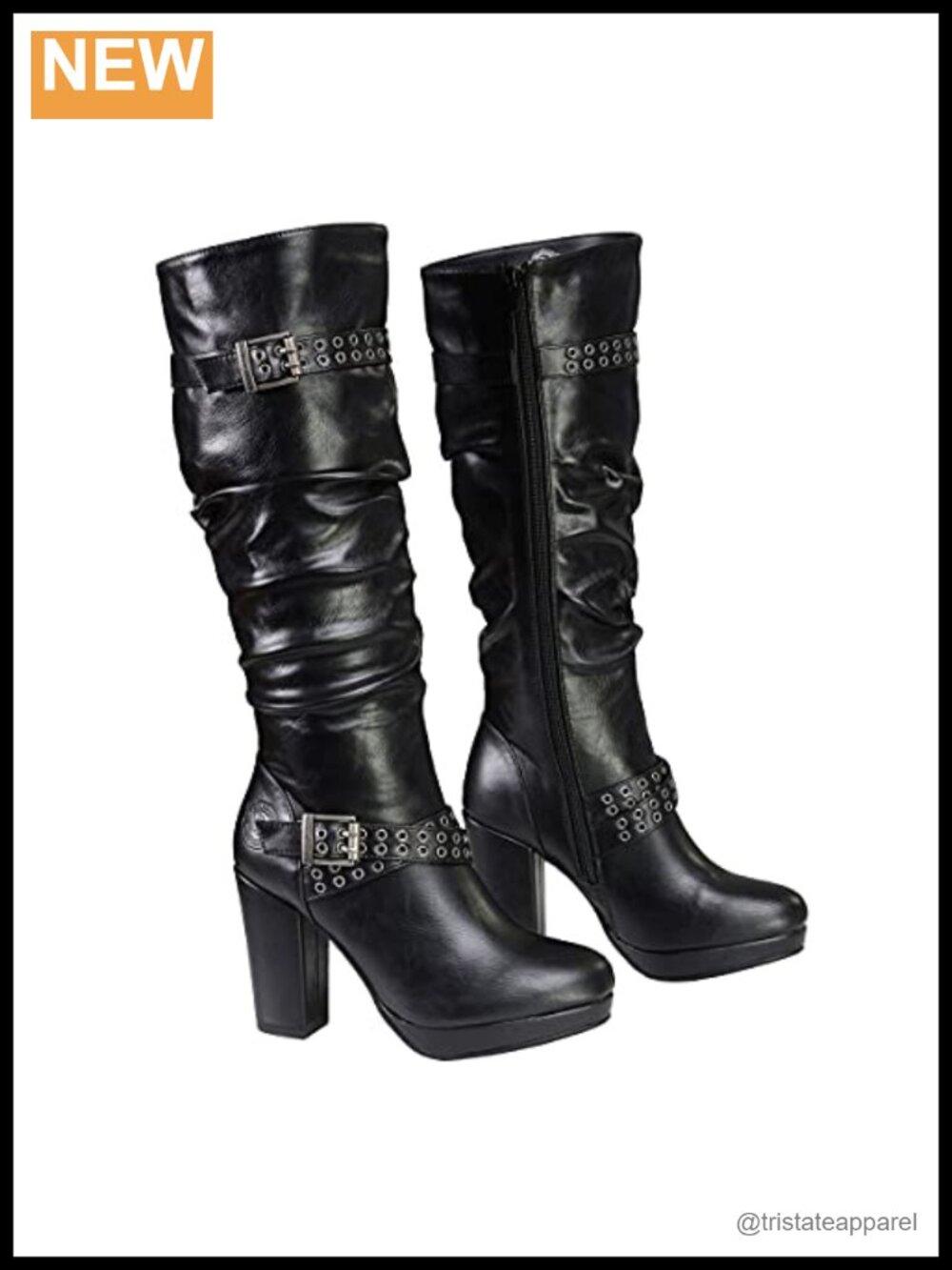 Women's Tall Platform Fashion Boots with Slouch Shaft, Buckled Straps & Side